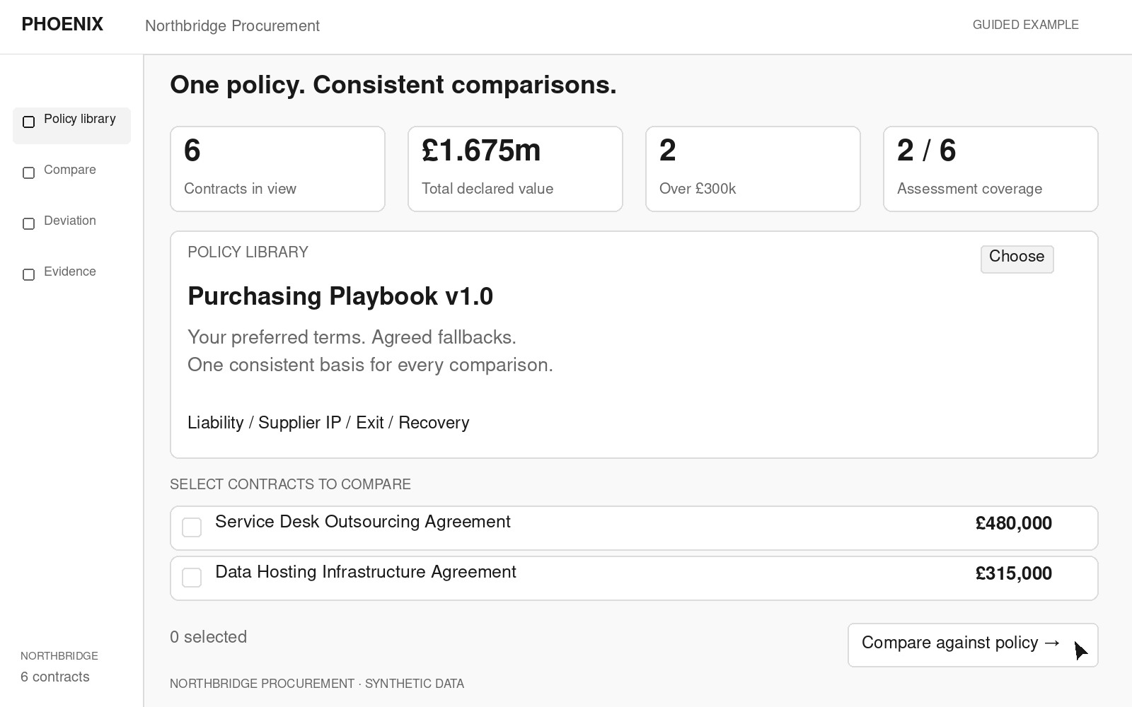 Choose the Purchasing Playbook from Phoenix’s policy library to compare Service Desk and Data Hosting against standard terms.